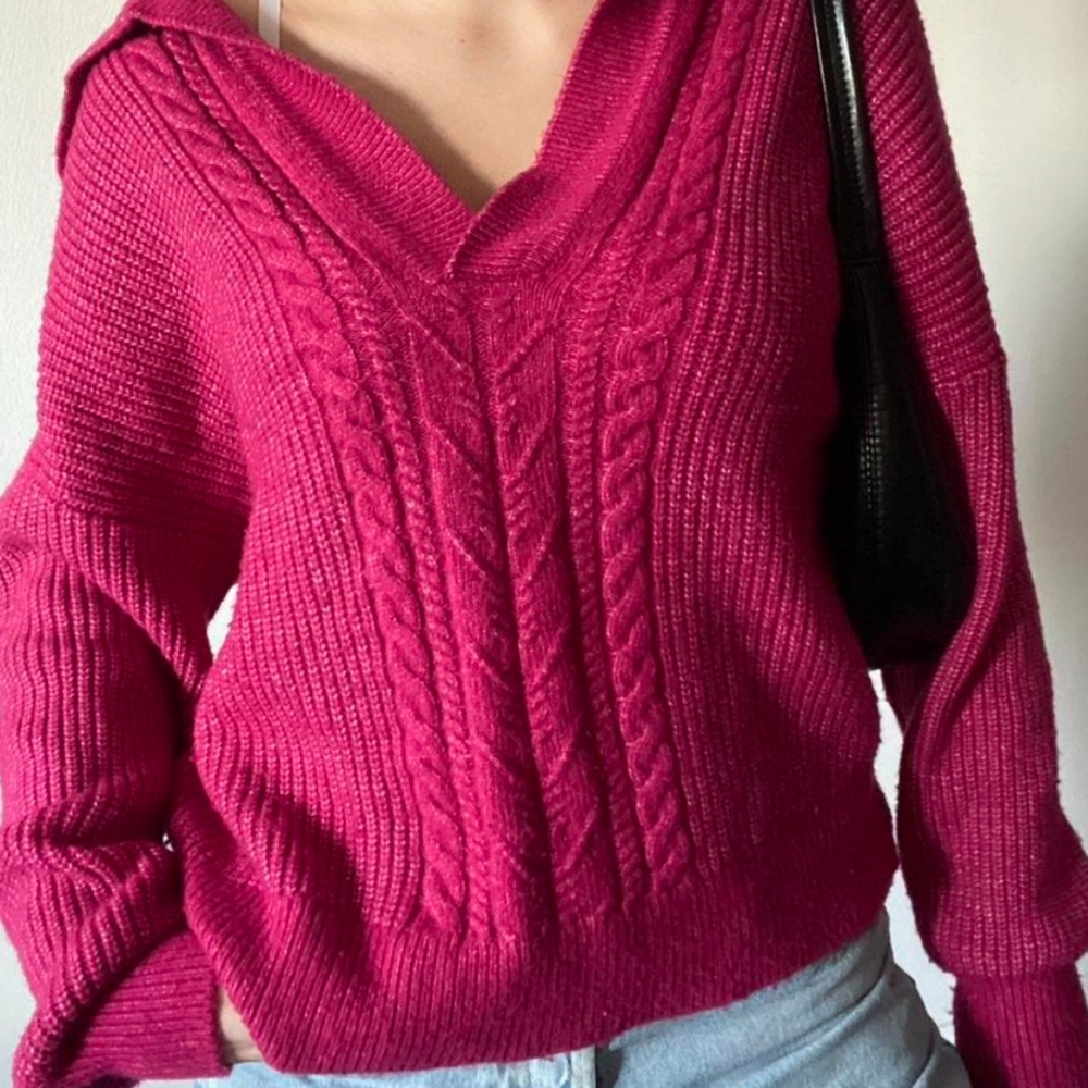 Rachel Zoe Pink V-Neck Cable Knit Sweater